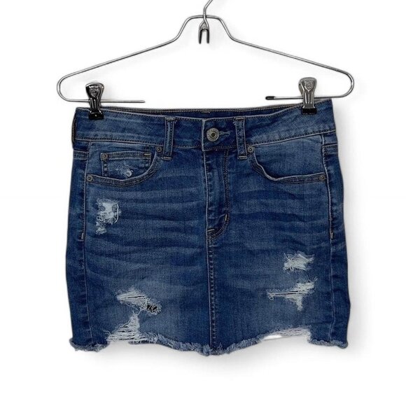 American Eagle Blue Denim Mini Skirt Distressed - Picture 1 of 4
